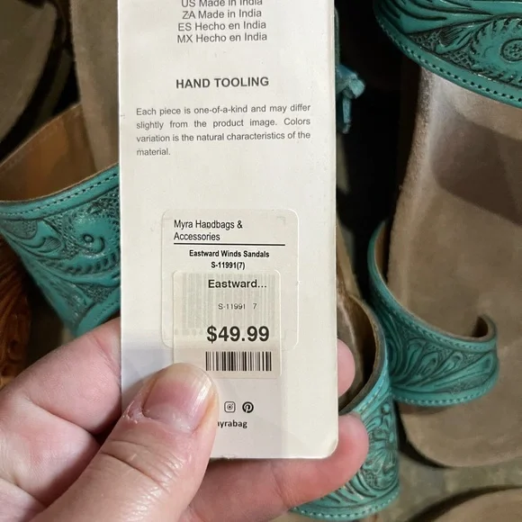 ✨ BRAND NEW WITH TAG!✨Myra Turquoise Embossed Slide Sandals with Suede Footbed - Picture 2 of 2